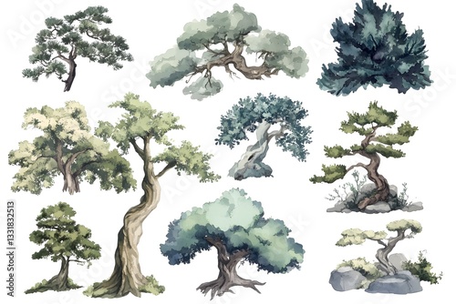 Wallpaper Mural Vector watercolor tree side view isolated on white background, Forest trees illustration EPS, Green pine, blue spruce, lush ash, beige bush, Set of hand drawn trees  Torontodigital.ca
