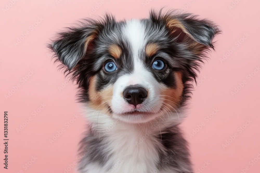 Fototapeta premium Cute Australian Shepherd Puppy with Blue Eyes on Pink Background