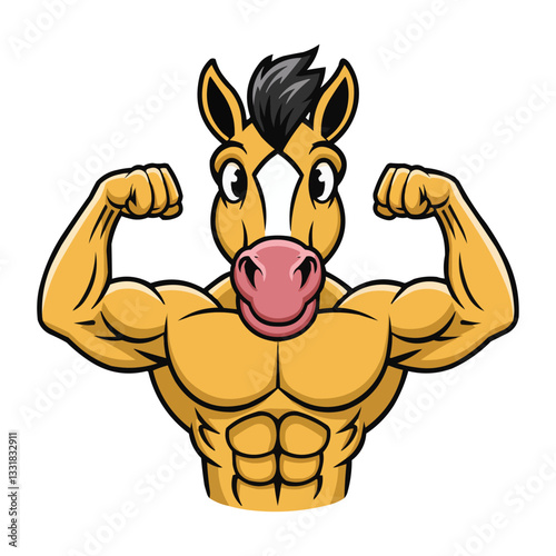 A cartoon illustration of a muscular Horse with a yellow body