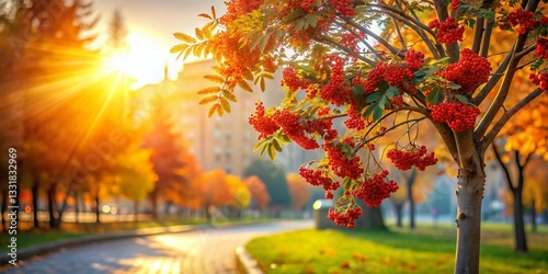 Serene City Park: Young Rowan Tree in Autumn Sunlight