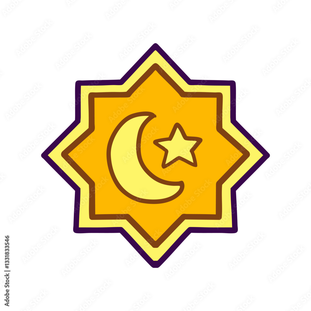 vector illustration of a geometric star ornament, featuring a crescent moon and star. 