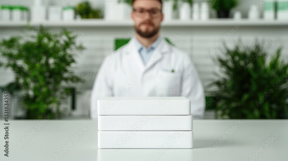 Scientist stands behind stacked white boxes in bright laboratory Scientist stands behind stacked white boxes in bright laboratory