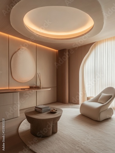 Modern minimalist spa-like living room.  Beige and light wood tones create a serene atmosphere.  Curved walls and ceiling design add visual interest.  Natural light streams through large windows
