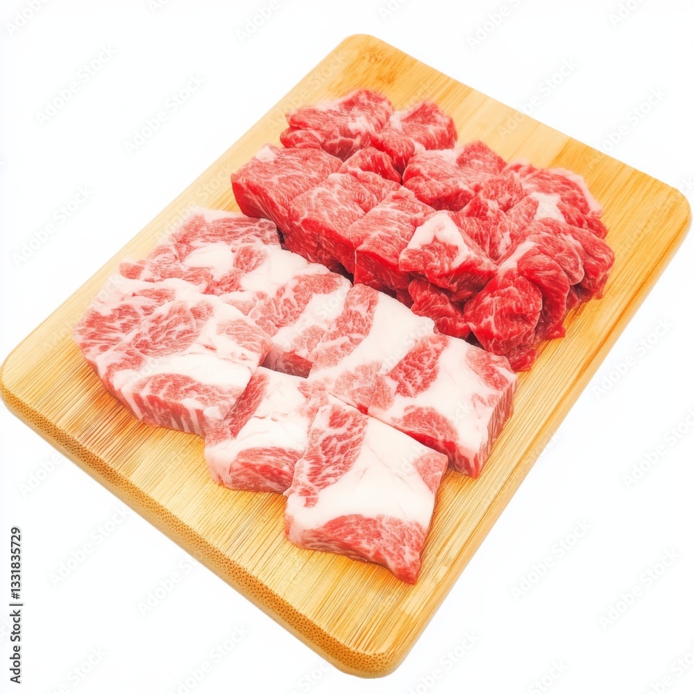 A wooden board displays various marbled beef cuts, highlighting their quality and texture, ideal for gourmet cooking and premium culinary experiences. A wooden board displays various marbled beef cuts, highlighting their quality and texture, ideal for gourmet cooking and premium culinary experiences.
