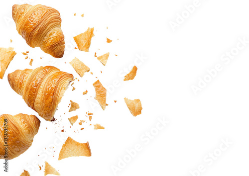 isolated transparent Background. Crispy and flaky croissants scattered on transparency background, showcasing delicious pastry texture and crumbs