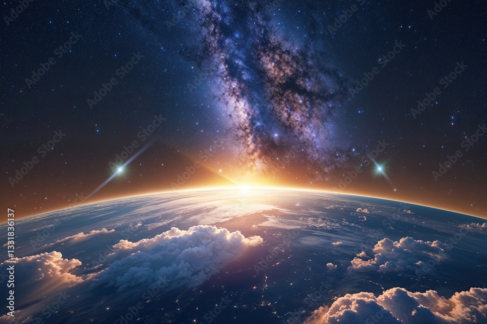 Obraz premium Majestic Views of Earth and Sunlight Under the Milky Way Galaxy