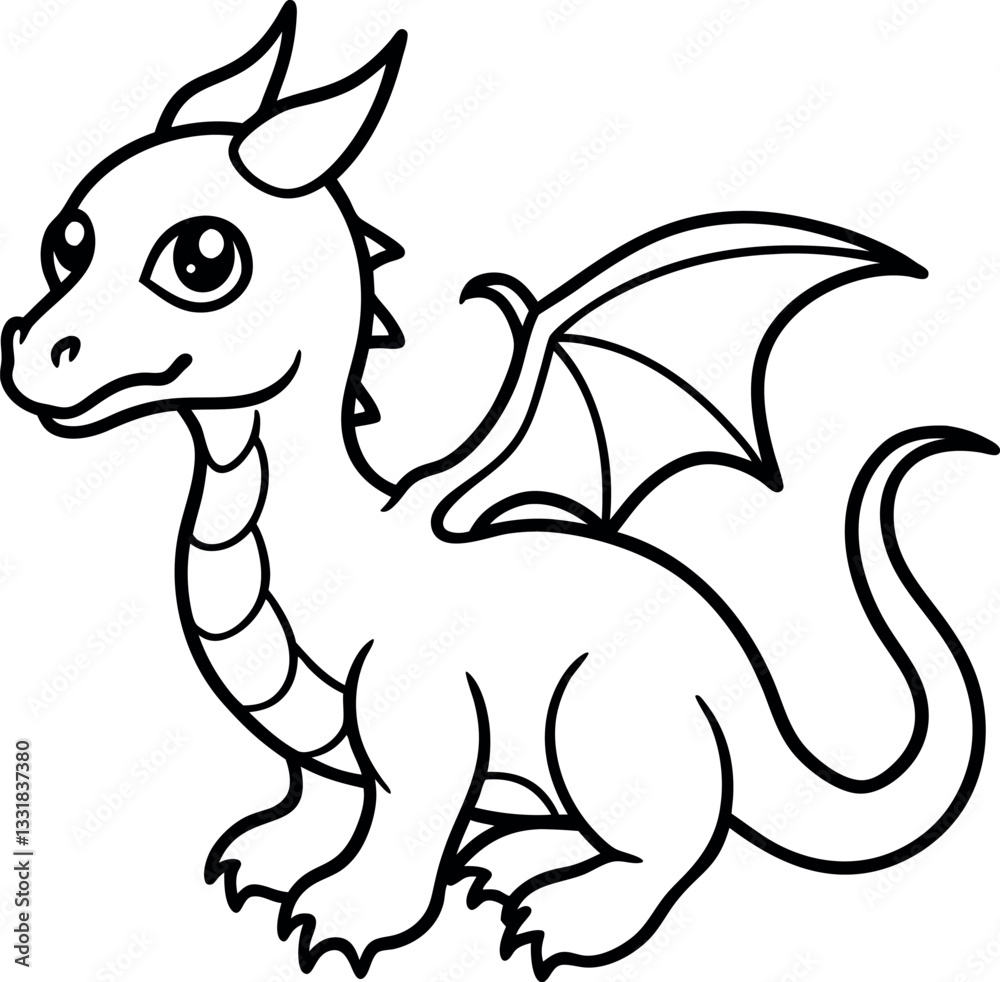 Fototapeta premium Simple line art drawing of an adorable cartoon dragon with big eyes and small wings, ideal for printable fantasy designs, fairytale decorations, and kids’ activity sheets. 