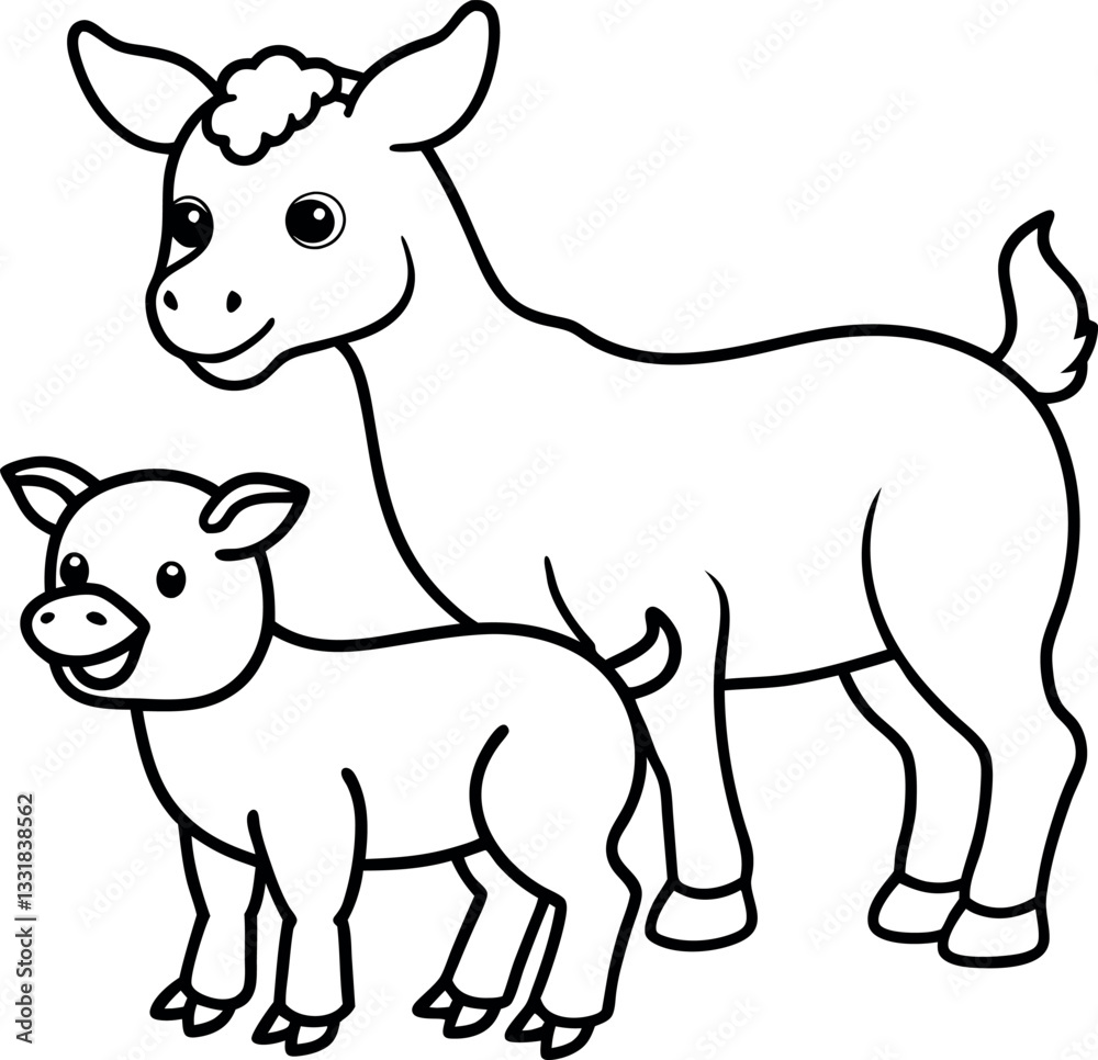 Fototapeta premium Simple line art drawing of baby farm animals, including a piglet and a foal, ideal for printable children’s books, countryside graphics, and livestock-related educational designs. 