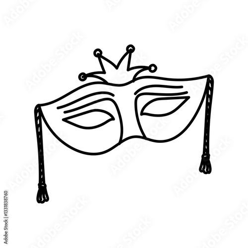 mask with a crown of doodles for Mardi Gras. Monochrome isolated contour. For use in the design of materials, advertising, merchandise, and decor related to Mardi Gras, carnival events, and parties.