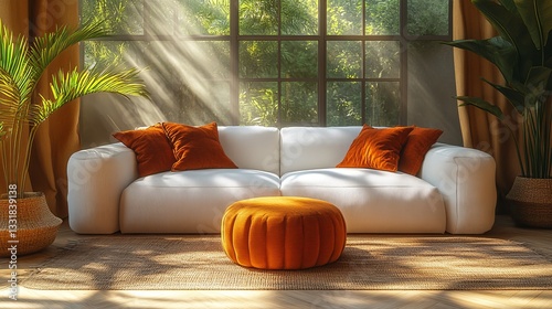 Sunlit Living Room with White Sofa and Orange Accents