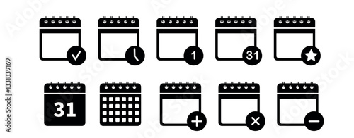 Calendar icons showing various functions like check, time, date, and events for digital applications