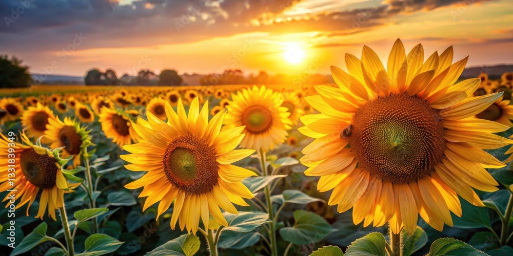 Obraz premium Stunning High-Angle Sunflowers at Dusk: Bees Pollinating in Low Light