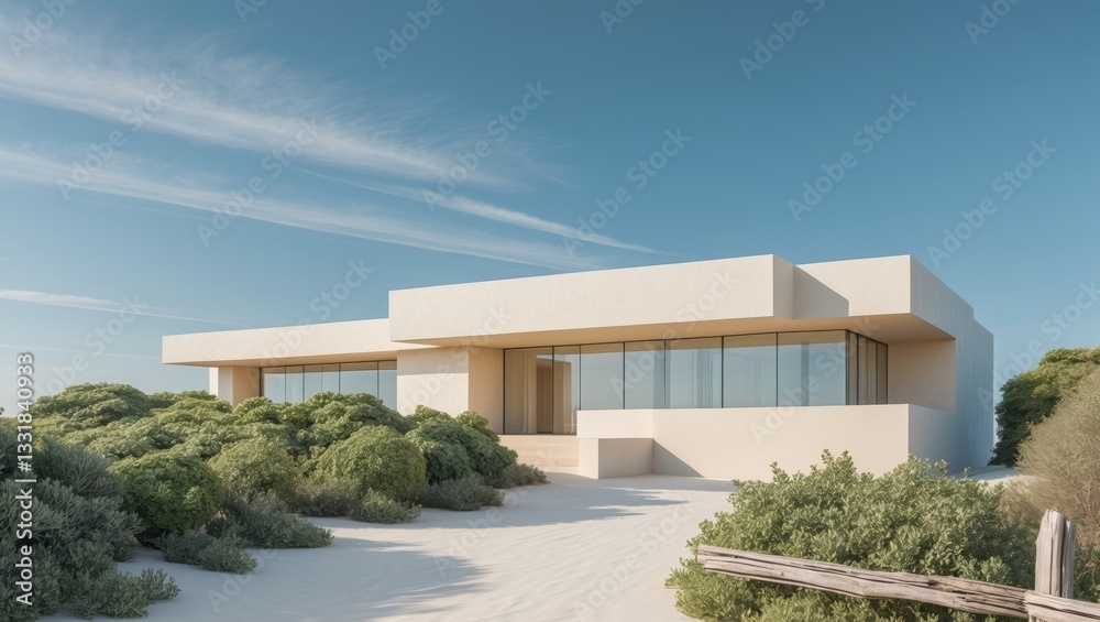 Fototapeta premium Modern Coastal Building Design with Natural Surroundings and Blue Sky