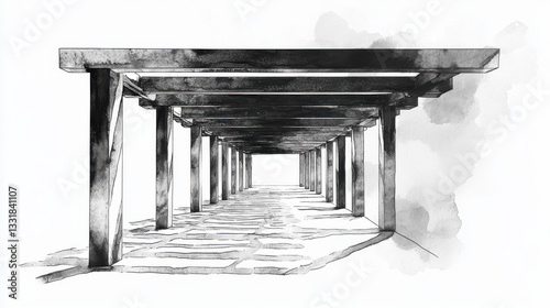 Fine art architectural rendering of an elongated pergola, wooden beams arranged in an expressive, layered formation
