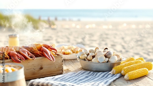 A traditional New England clam bake on a sandy beach, featuring steaming clams on the half shell, lobster, corn on the cob