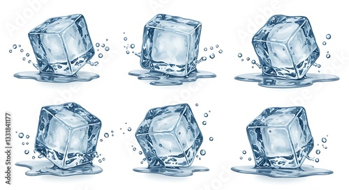 Melting Ice Cubes Realistic Water Droplets Collection Pack 3d set cold blue pure cool path high     