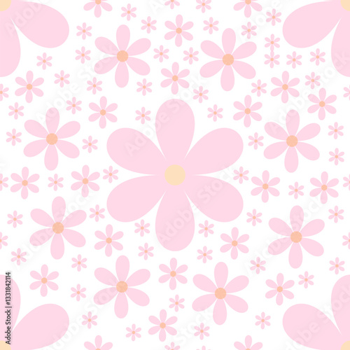Seamless pattern, white background with pink flowers of different sizes, creating a soft and gentle effect. Ideal for romantic design.