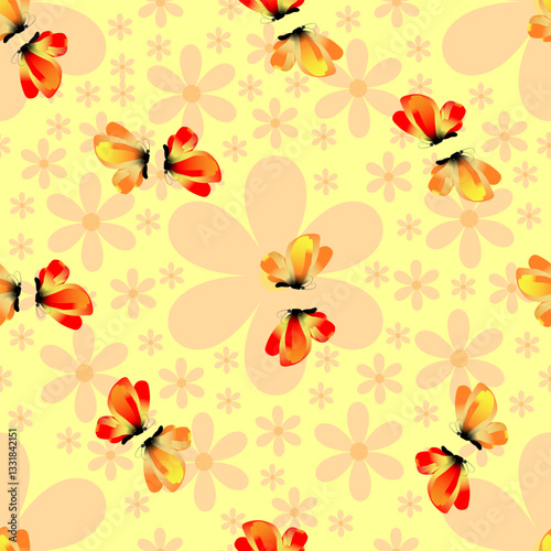 Seamless pattern, yellow background with large and small flowers in pastel colors, decorated with bright butterflies in red-orange colors. Light and spring design