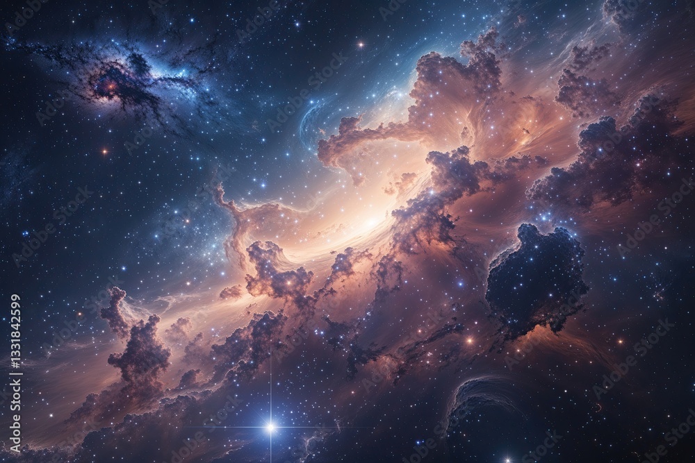 Obraz premium Ethereal Night Scape: Majestic Cosmos with Nebula and Shimmering Stars in a Dreamy 3D Exploration of the Galactic Universe
