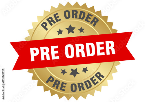 pre order. pre order round red and gold label isolated on transparent background