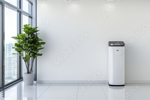 Minimalist water cooler nook with plant in modern office space