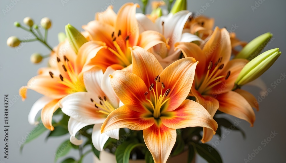 A vibrant bouquet of orange and white lilies in a light background, showcasing their delicate petals and lush green leaves. A vibrant bouquet of orange and white lilies in a light background, showcasing their delicate petals and lush green leaves.