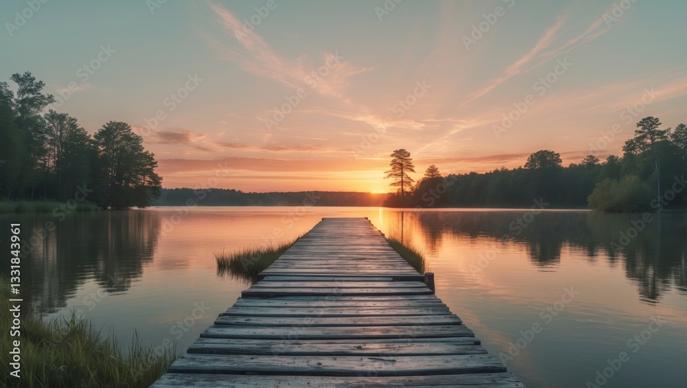 Obraz premium Sunset over a Serene Lake with a Wooden Dock.