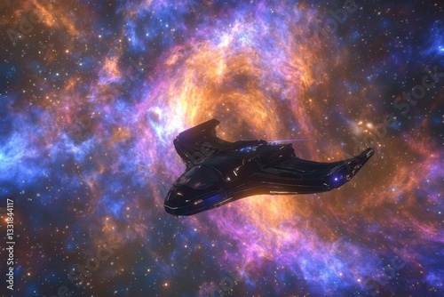 Breathtaking view of a distant galaxy with vibrant nebulae and a spaceship