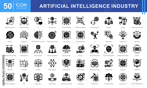 Artificial Intelligence Industry icon set featuring icons for AI, machine learning, automation, big data, and cybersecurity. Perfect for tech, robotics, and data-driven innovation projects.