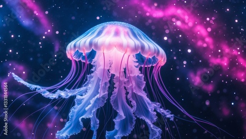 Dreamy cosmic jellyfish in a neon galaxy