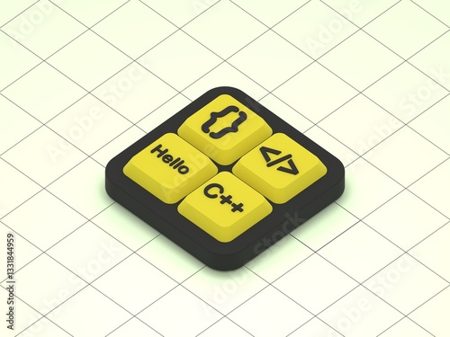 Code of Innovation: A square arrangement of four keyboard keys on a grid, symbolizing programming, coding, and software development, with a focus on technology.