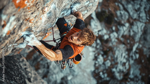 Powerful climber ascending rugged mountain rock face man male grey grit high sport image photo active