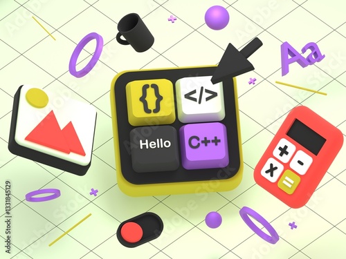 Code and Creativity: A vibrant illustration of coding essentials, blending technology and design with a playful touch