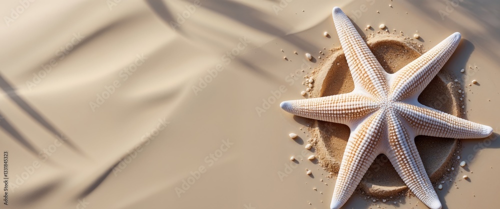 Fototapeta Summer Vacation Flat Lay with Starfish and Sand Creating Copy Space on Beige Background for Travel and Relaxation Themes.