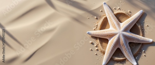 Summer Vacation Flat Lay with Starfish and Sand Creating Copy Space on Beige Background for Travel and Relaxation Themes.