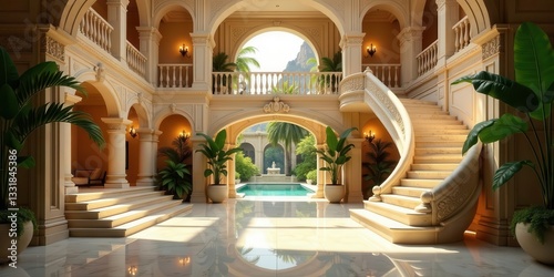 Luxurious Mediterranean-Style Mansion Interior with Grand Staircase and Pool View