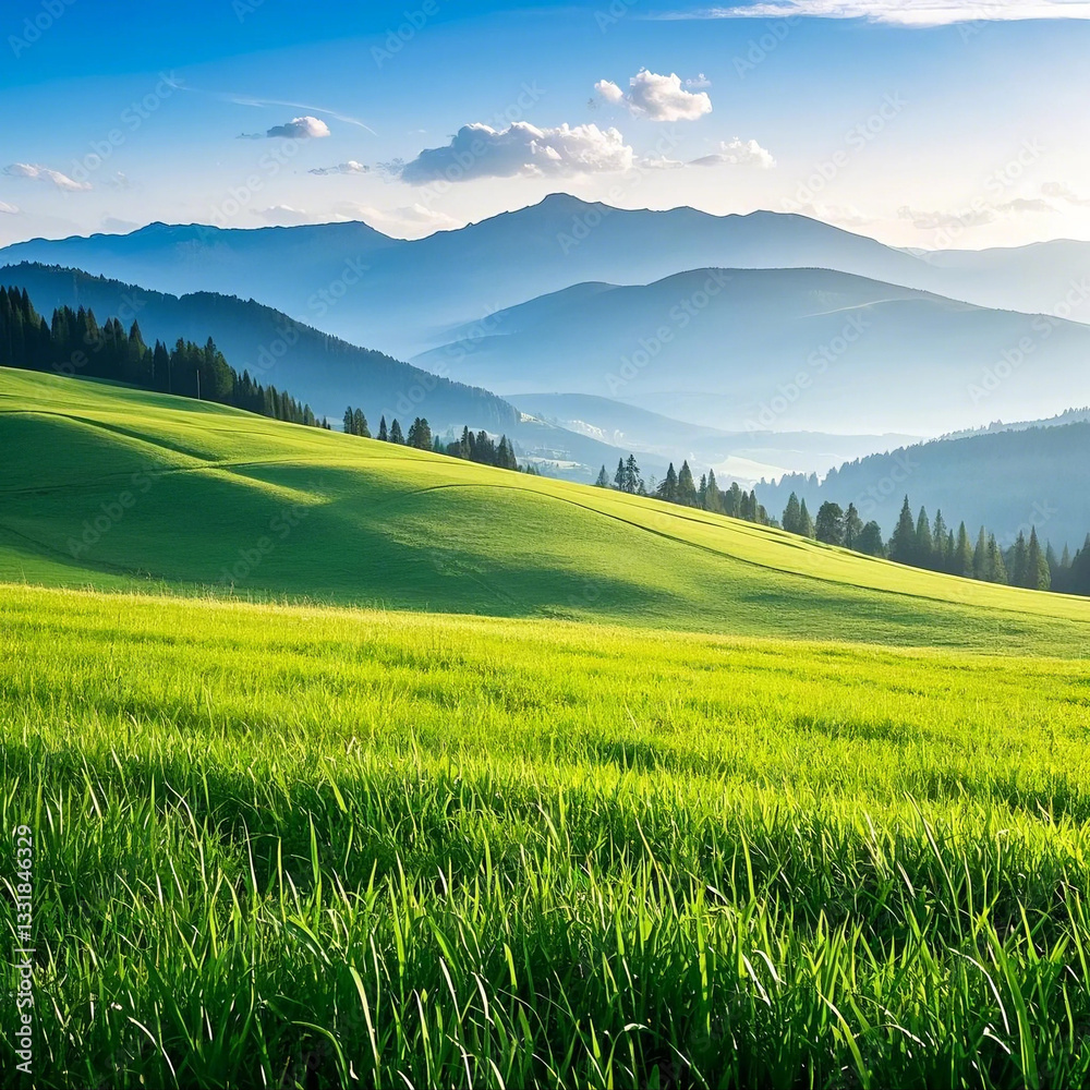 Fototapeta premium landscape with green grass and blue sky