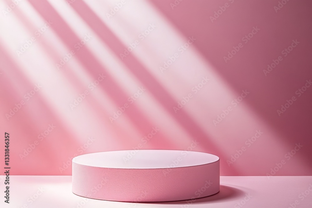 Circular display platform against a soft pink backdrop with dramatic lighting effects Circular display platform against a soft pink backdrop with dramatic lighting effects