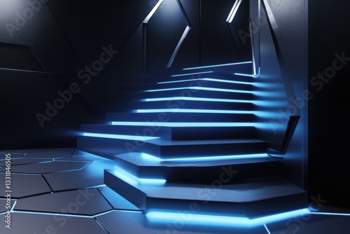 Futuristic staircase with glowing hexagonal steps in a tech space