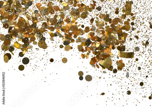 Shiny gold confetti falling on white. Perfect for party, celebration, or luxury designs.