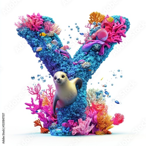 Colorful letter Y shaped like an underwater coral reef with a seal