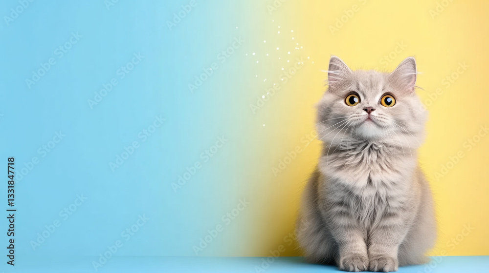 Playful cat Background, Fluffy gray cat sitting against a colorful blue and yellow background. Playful cat Background, Fluffy gray cat sitting against a colorful blue and yellow background.