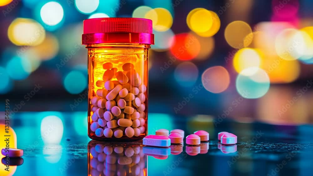 Pill bottle glowing with light and surrounded by scattered tablets in an urban nighttime environment Pill bottle glowing with light and surrounded by scattered tablets in an urban nighttime environment