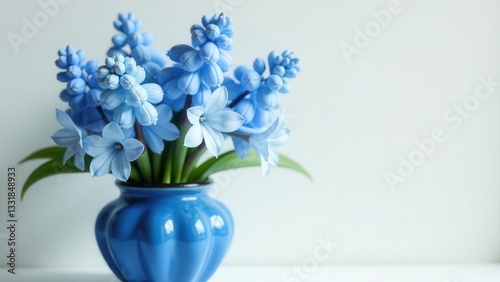Serene Blue Flowers in a Vibrant Ceramic Vase on a Light Background
