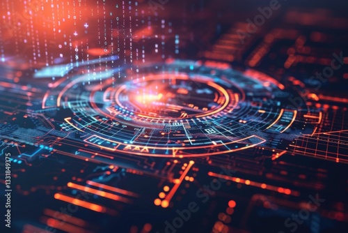 Futuristic digital backdrop with glowing shapes and pulsating light effects
