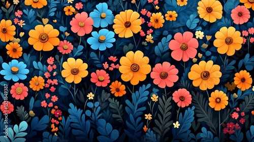 Vibrant Pixelated Floral Illustration with Orange Pink and Blue Flowers on Dark Blue Background