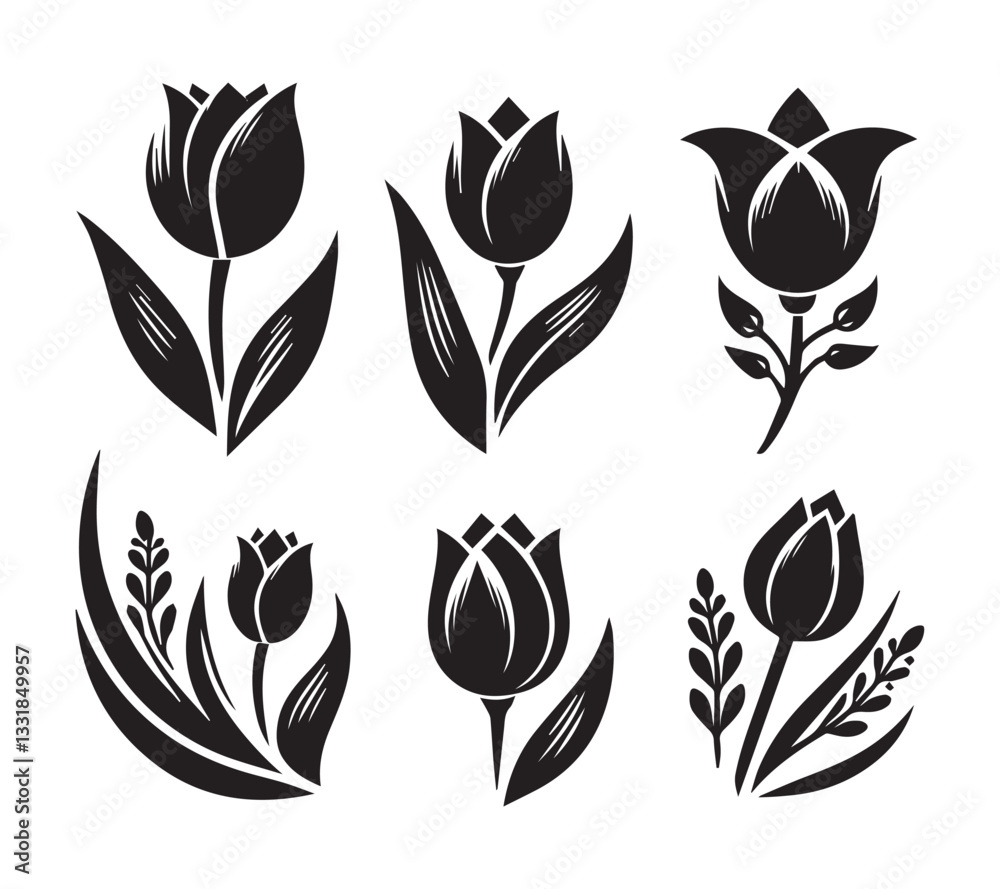 Fototapeta premium Black and White Silhouette set Tulip Designs
