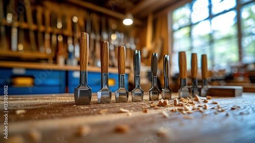 Woodcarving chisels on workbench in a workshop photo