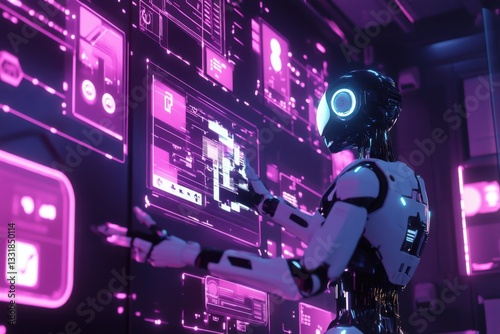 Robotic assistant engaged in workflow tasks with digital panels