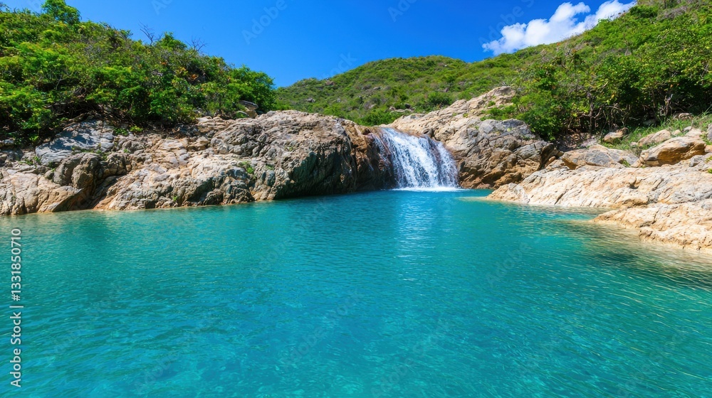 Obraz premium Captivating Remote Blue Waterfall Surrounded by Lush Greenery Under Clear Blue Sky